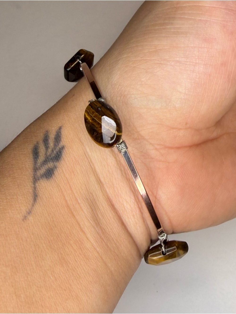 Stainless Steel with Faux Tiger Eye Gemstone Cuff Bracelet - Brown